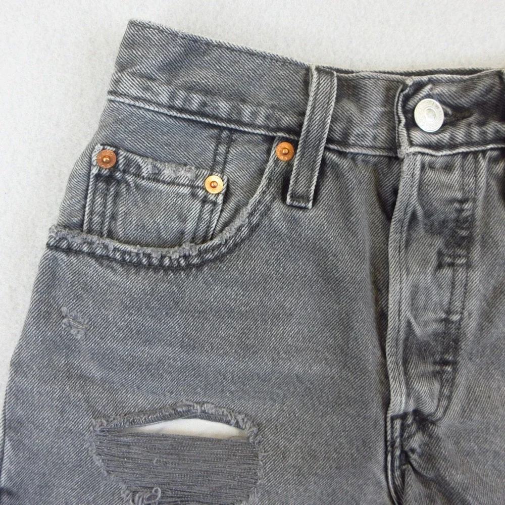 Levi's 501 Shorts Women W25 Gray Distressed Denim Cut Off High Rise Button Fly